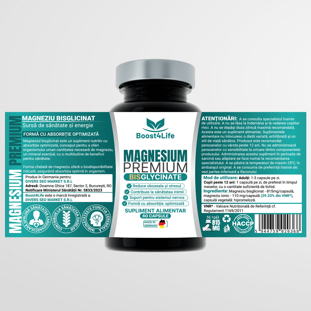 Magneziu Bisglicinat Premium, 815 mg, 60 capsule vegane